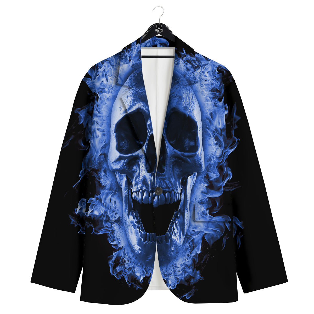 Blue Flaming Skull Print Men's Sport Coat-grizzshop