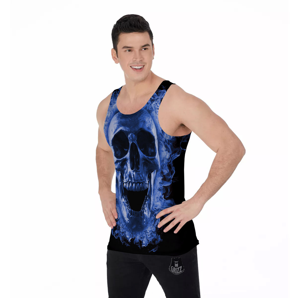 Blue Flaming Skull Print Men's Tank Top-grizzshop