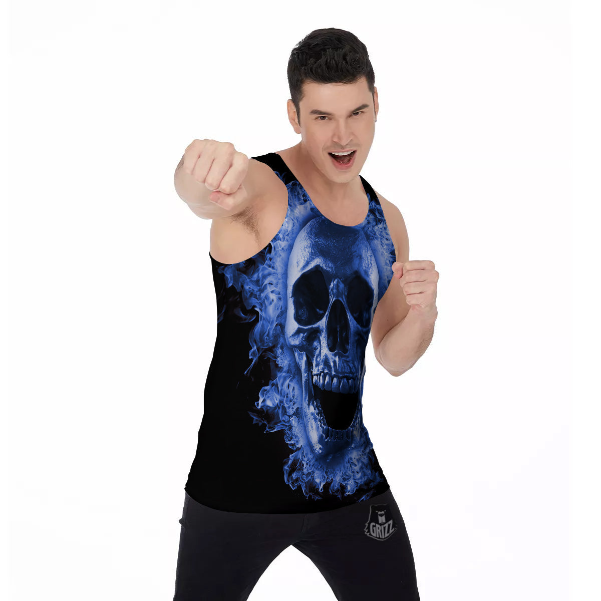 Blue Flaming Skull Print Men's Tank Top-grizzshop