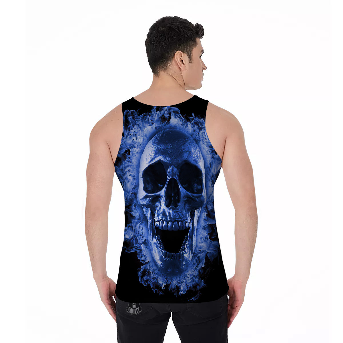 Blue Flaming Skull Print Men's Tank Top-grizzshop