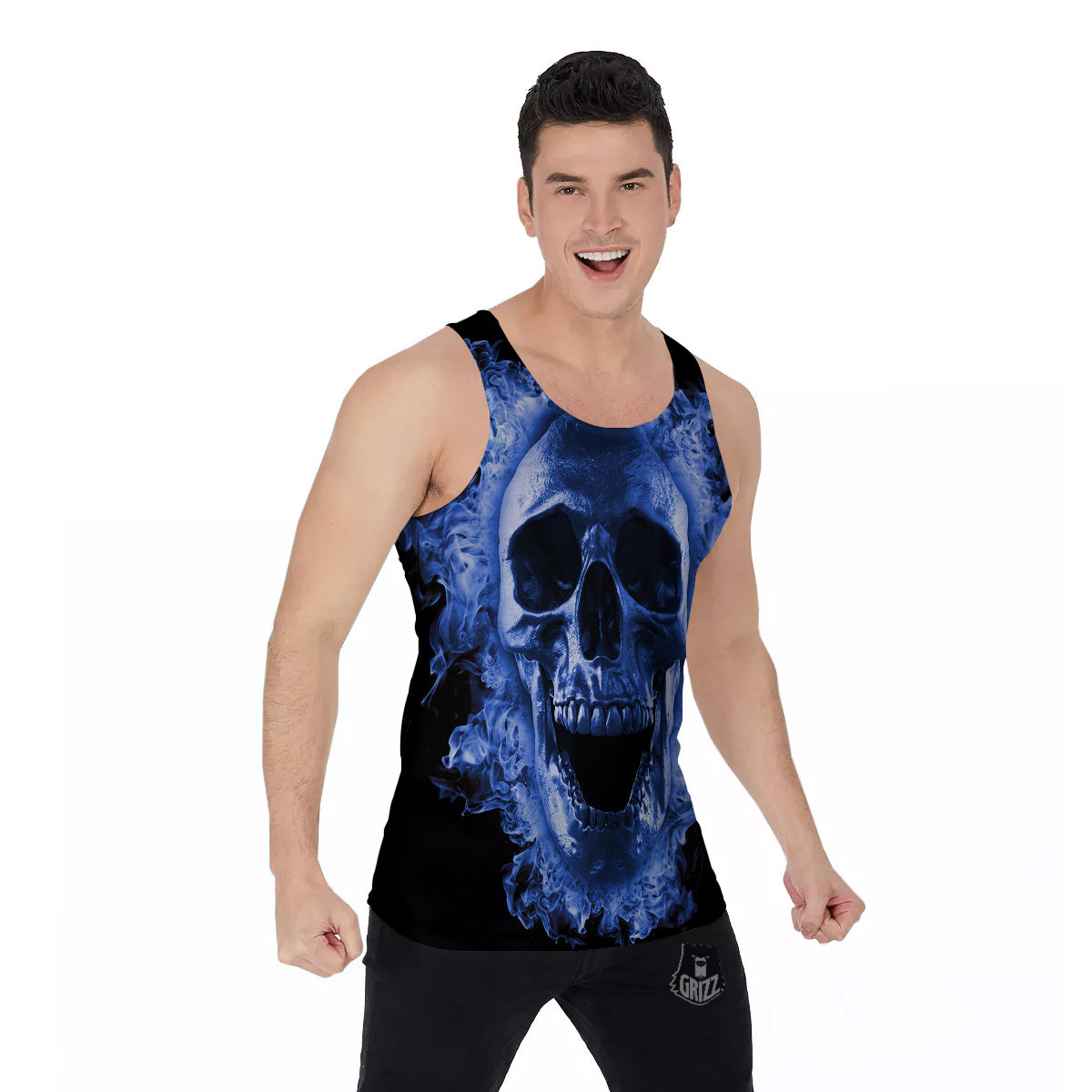 Blue Flaming Skull Print Men's Tank Top-grizzshop