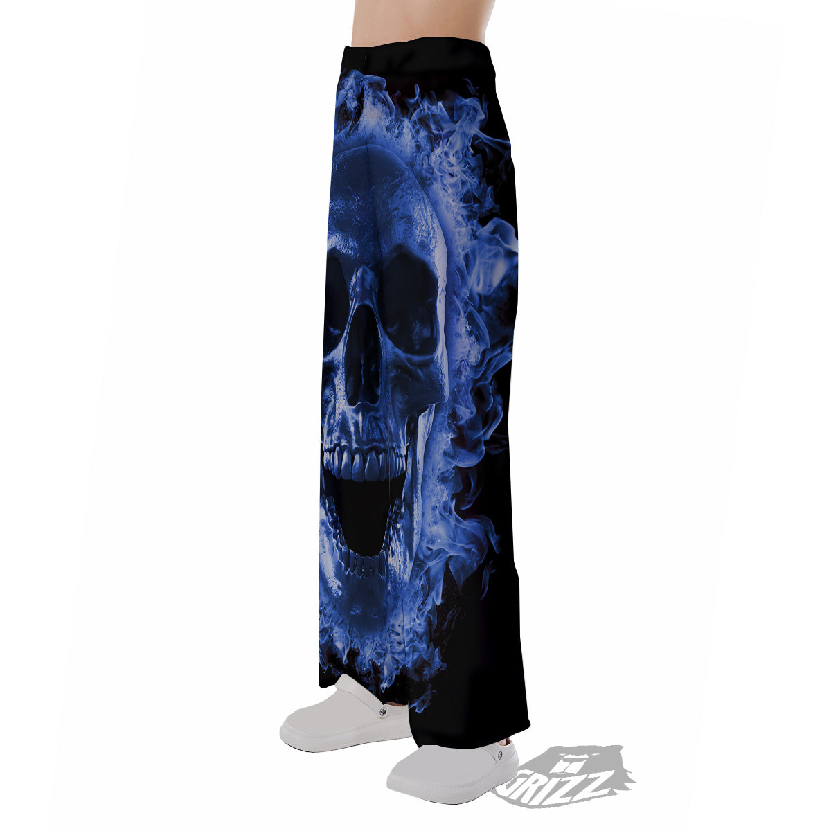 Blue Flaming Skull Print Pajama Pants-grizzshop