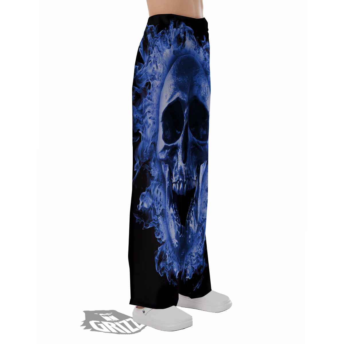 Blue Flaming Skull Print Pajama Pants-grizzshop