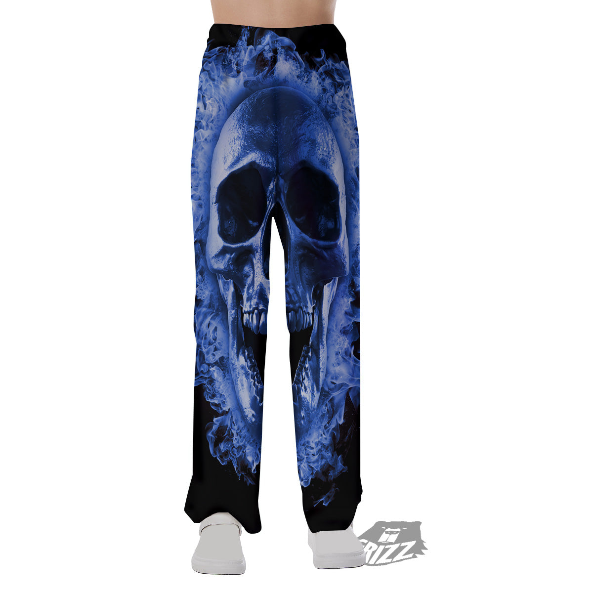 Blue Flaming Skull Print Pajama Pants-grizzshop