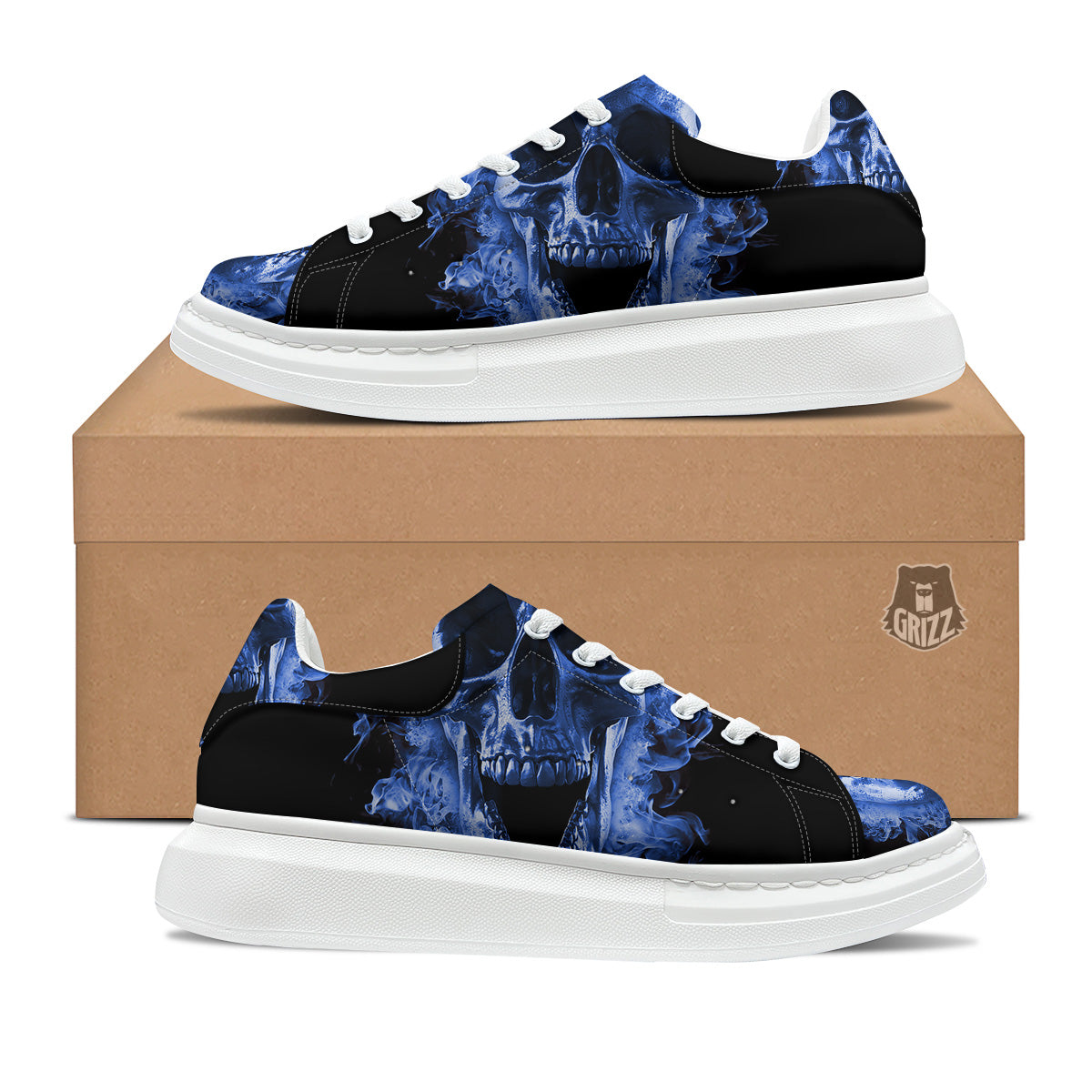 Blue Flaming Skull Print Platform Shoes-grizzshop