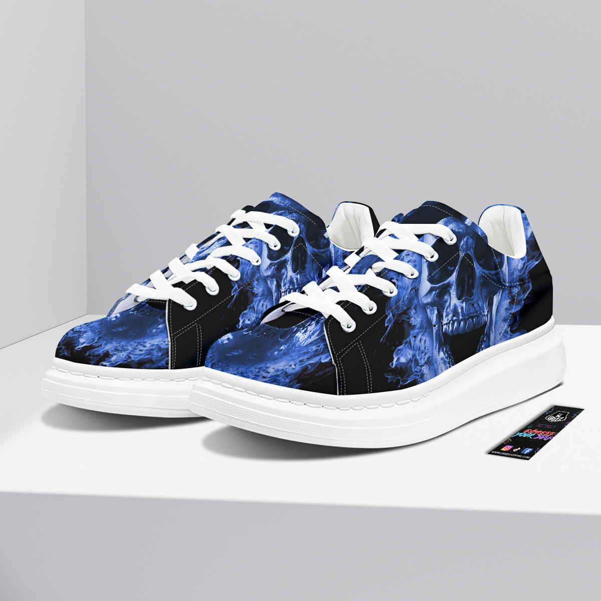 Blue Flaming Skull Print Platform Shoes-grizzshop