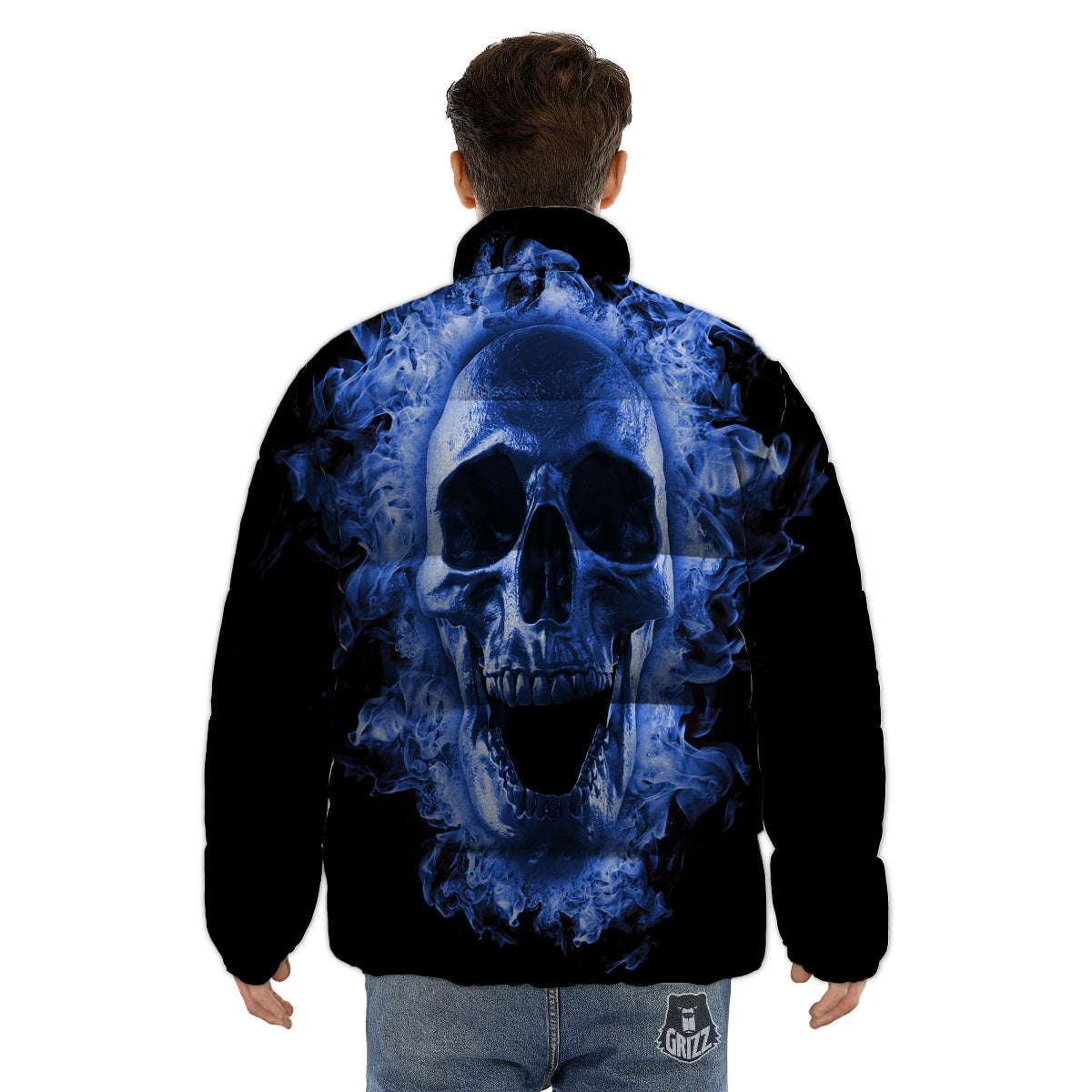 Blue Flaming Skull Print Puffer Jacket-grizzshop