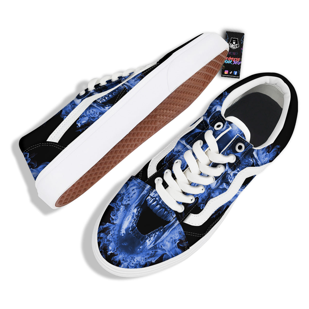 Blue Flaming Skull Print Skate Shoes-grizzshop