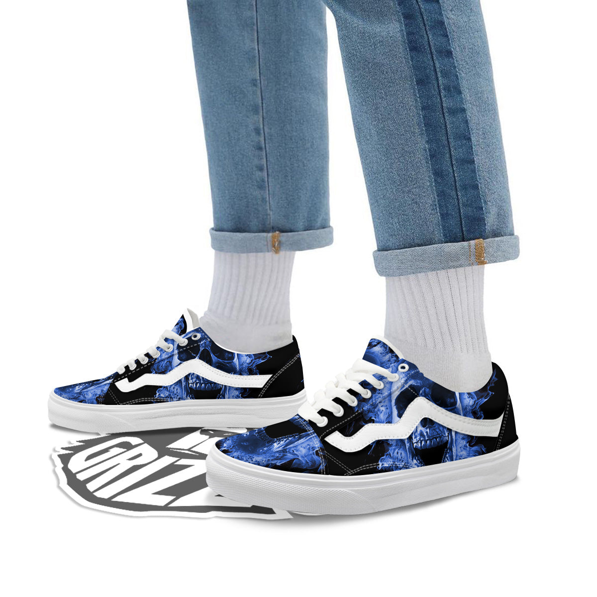 Blue Flaming Skull Print Skate Shoes-grizzshop