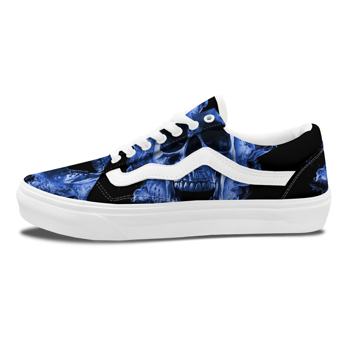 Blue Flaming Skull Print Skate Shoes-grizzshop