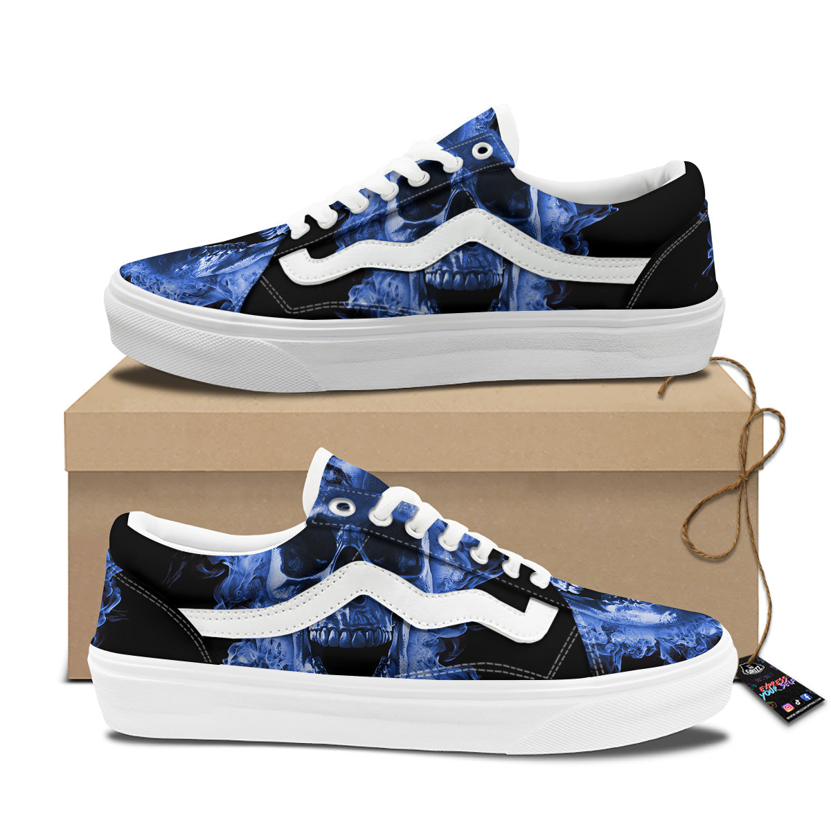 Blue Flaming Skull Print Skate Shoes-grizzshop