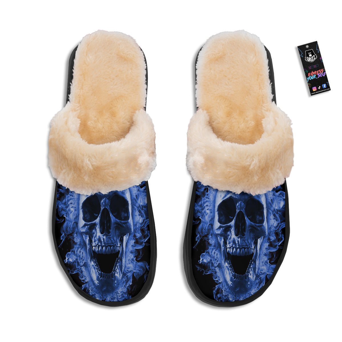 Blue Flaming Skull Print Slippers-grizzshop