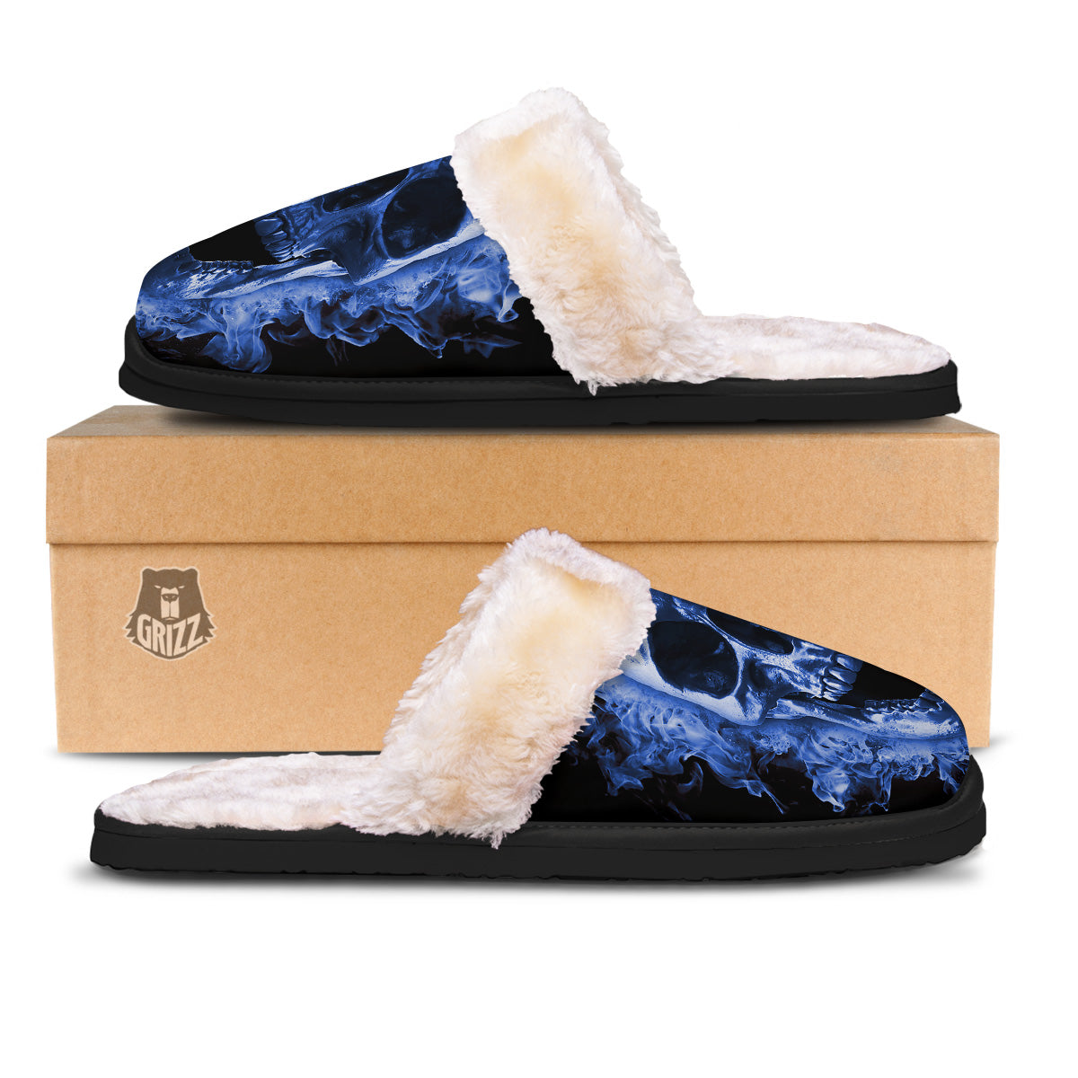 Blue Flaming Skull Print Slippers-grizzshop