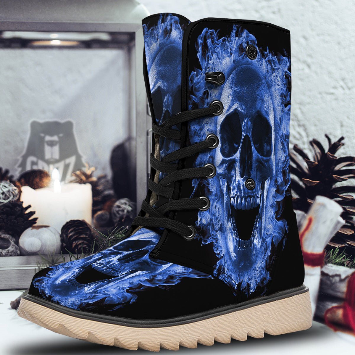 Blue Flaming Skull Print Snow Boots-grizzshop