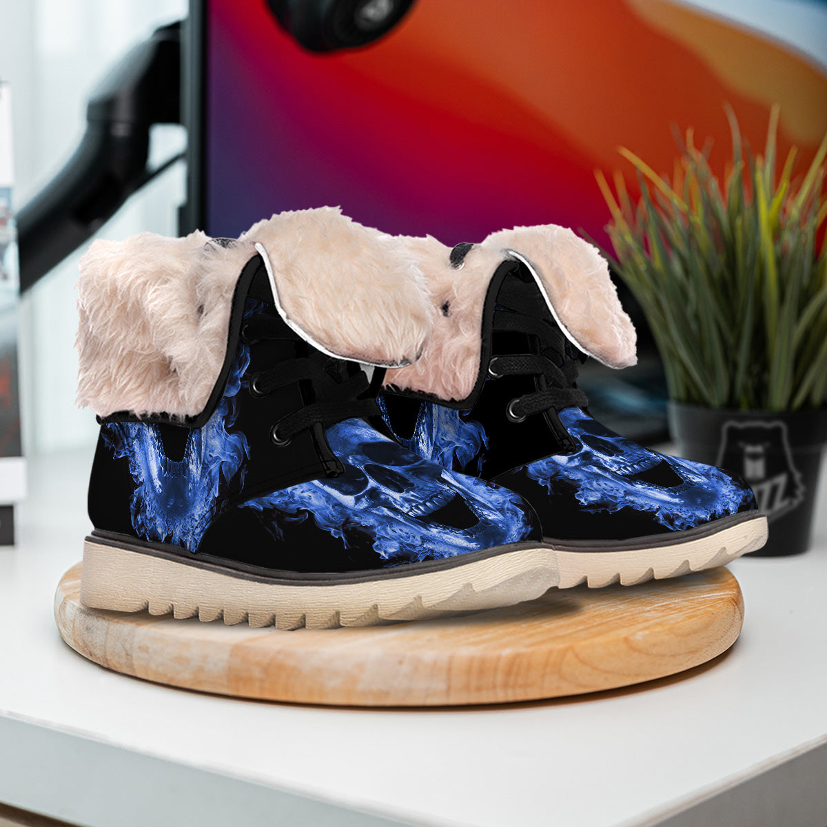 Blue Flaming Skull Print Snow Boots-grizzshop