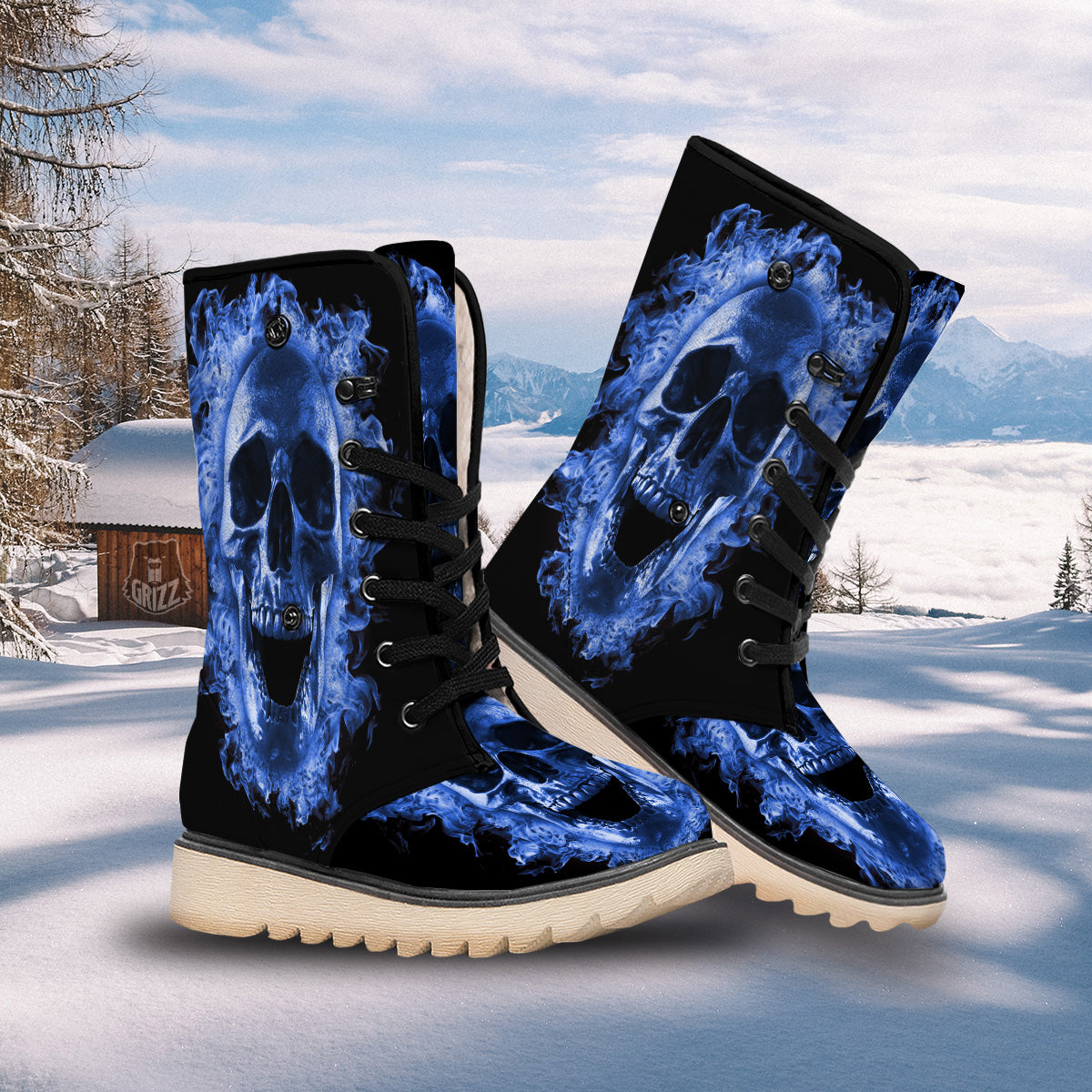 Blue Flaming Skull Print Snow Boots-grizzshop