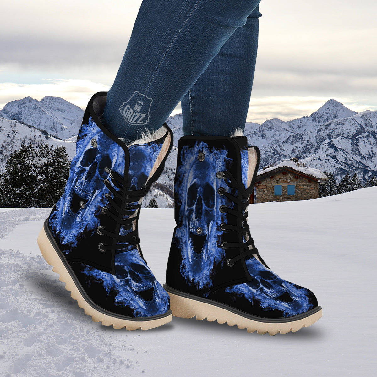 Blue Flaming Skull Print Snow Boots-grizzshop