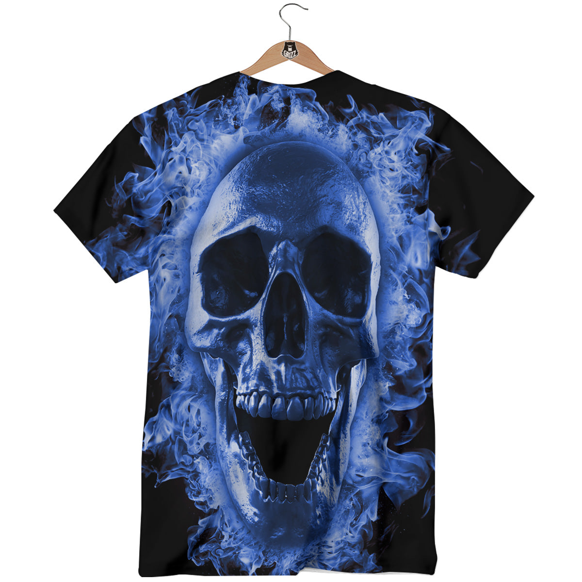 Blue Flaming Skull Print T-Shirt-grizzshop