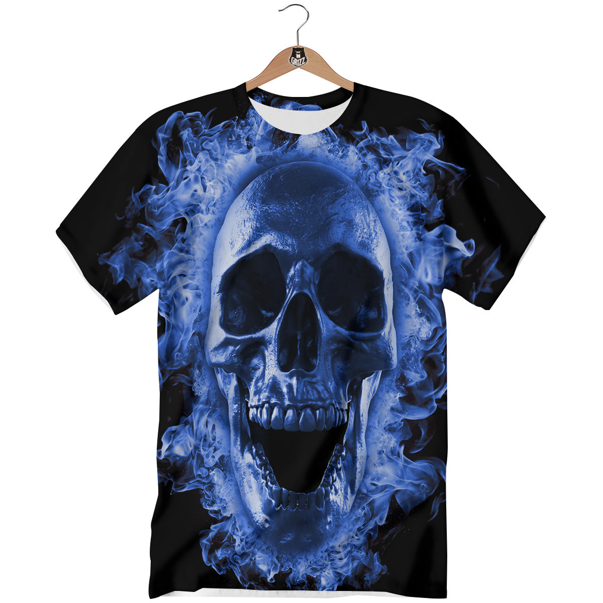Blue Flaming Skull Print T-Shirt-grizzshop