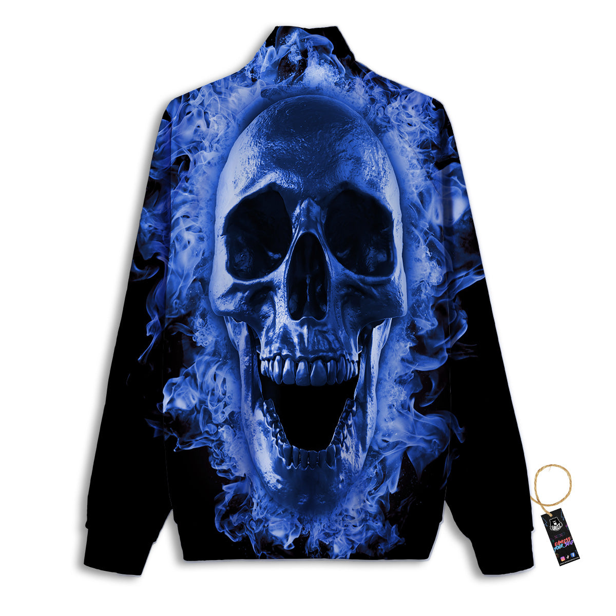 Blue Flaming Skull Print Track Jacket-grizzshop