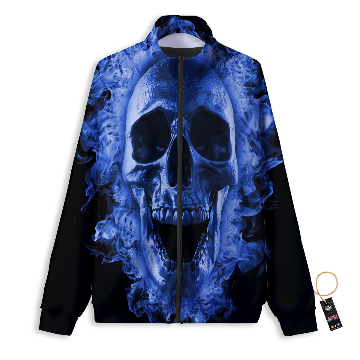 Blue Flaming Skull Print Track Jacket-grizzshop