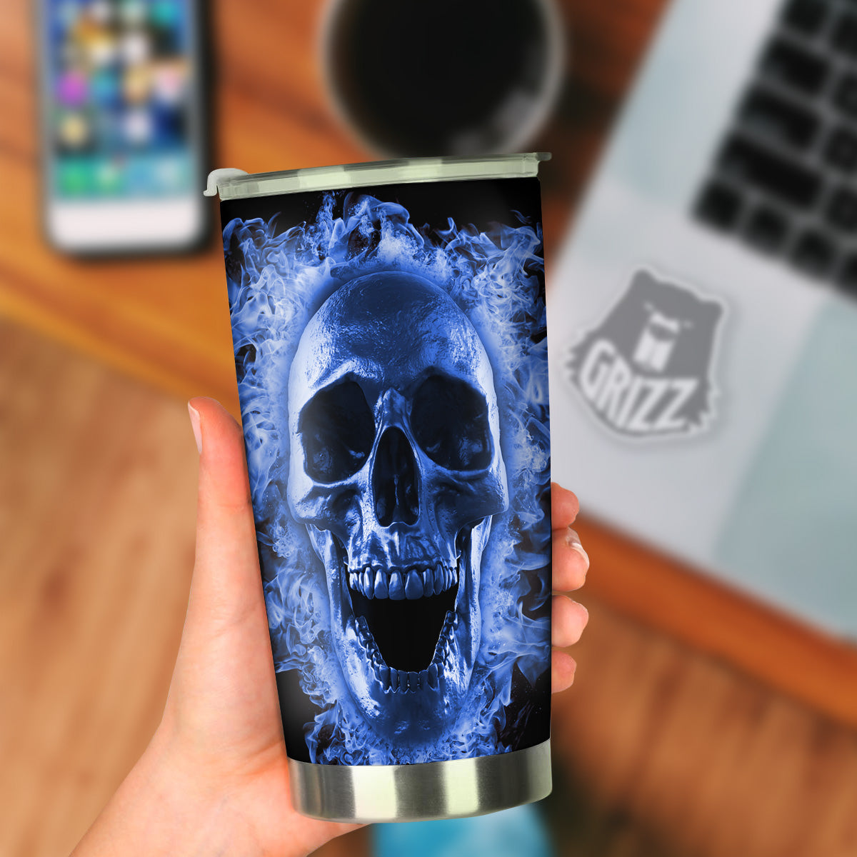 Blue Flaming Skull Print Tumbler-grizzshop