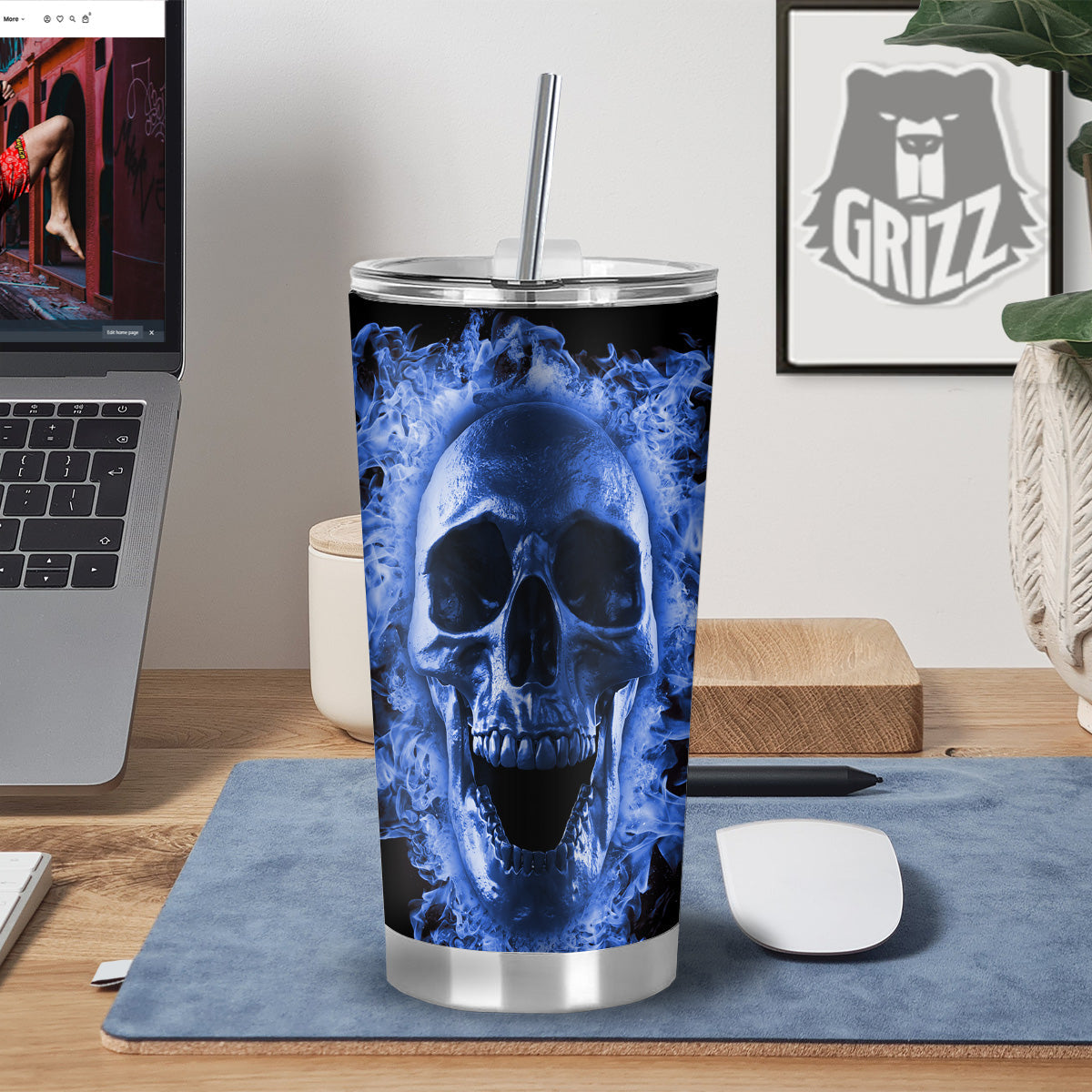 Blue Flaming Skull Print Tumbler-grizzshop