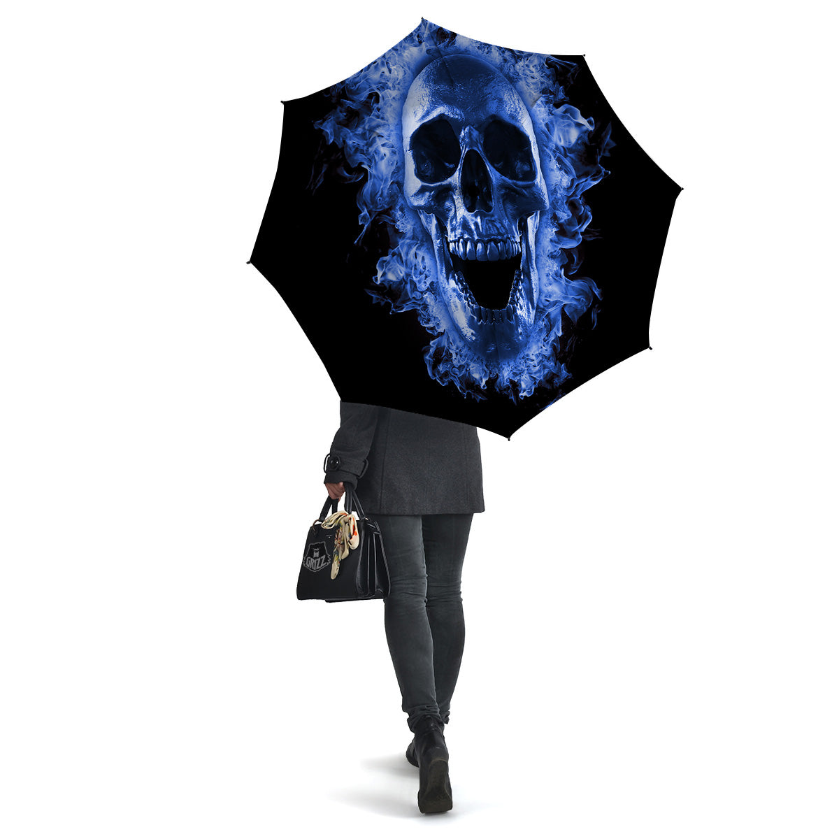 Blue Flaming Skull Print Umbrella-grizzshop