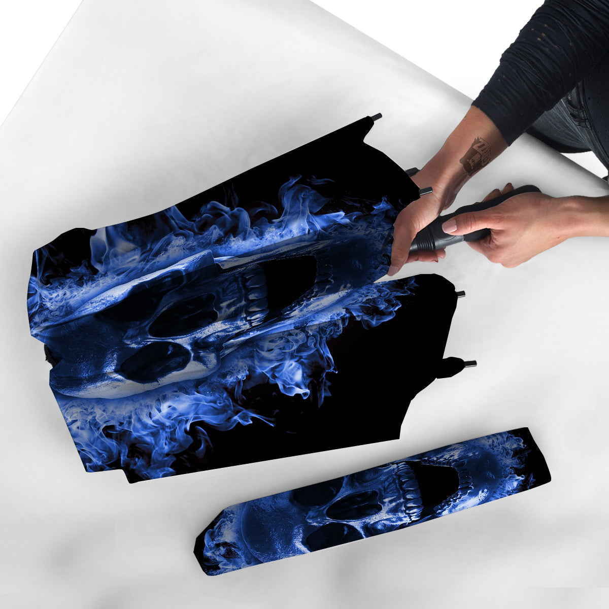 Blue Flaming Skull Print Umbrella-grizzshop