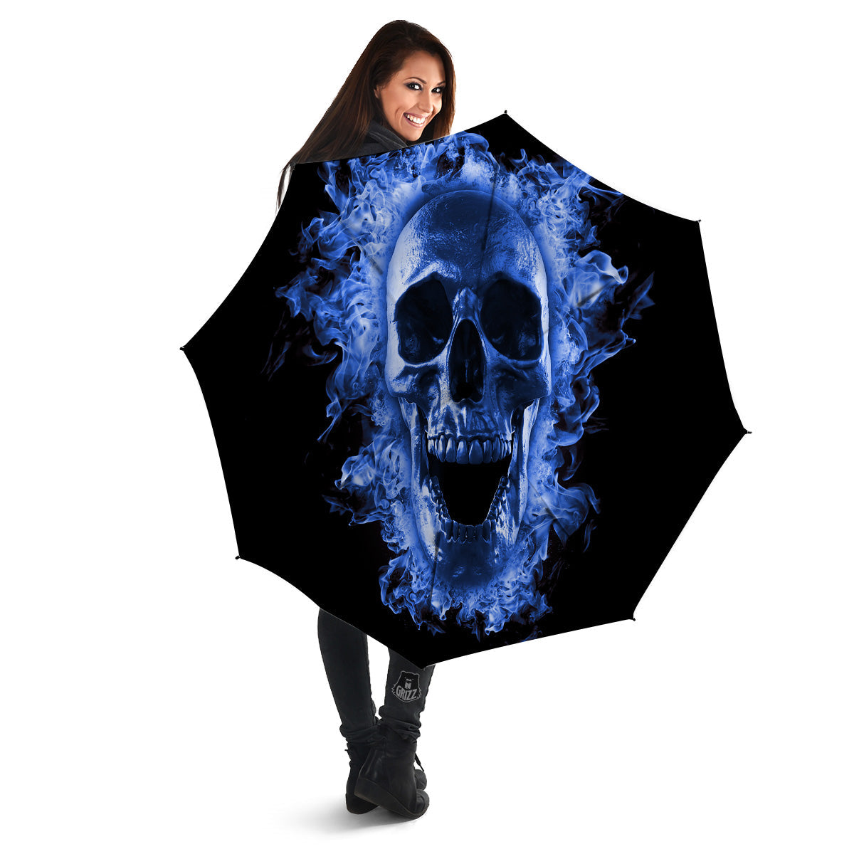 Blue Flaming Skull Print Umbrella-grizzshop