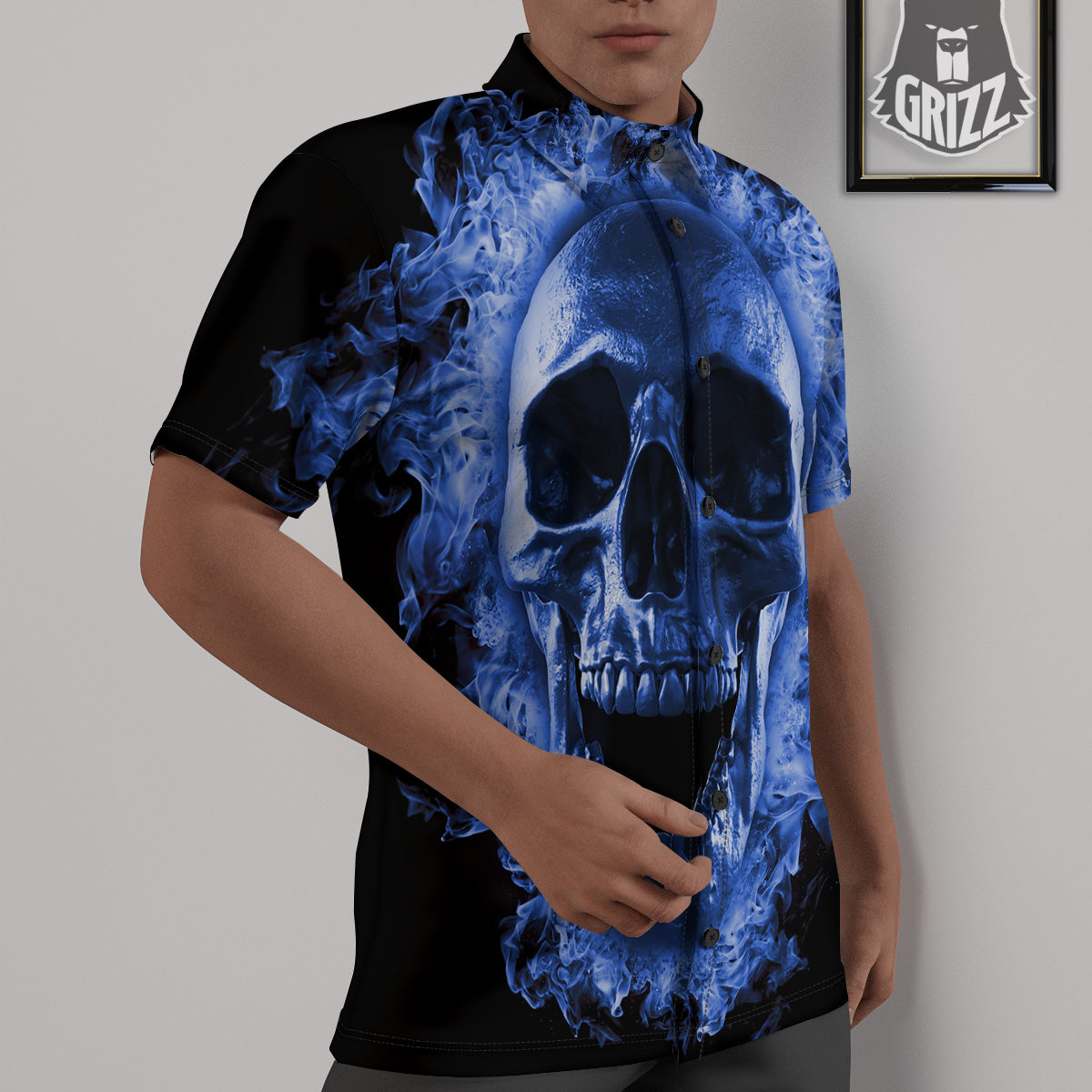 Blue Flaming Skull Print Untucked Shirts-grizzshop