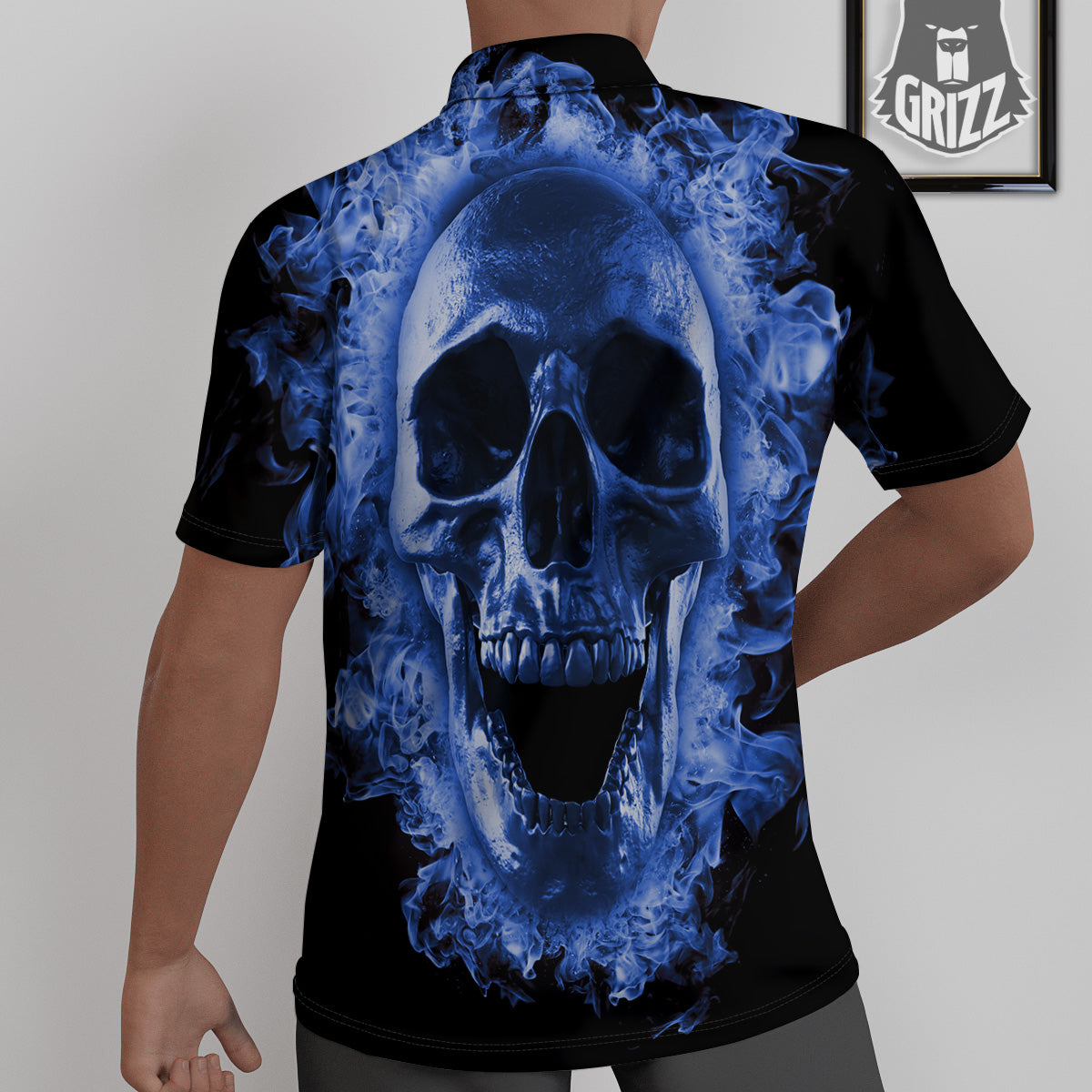 Blue Flaming Skull Print Untucked Shirts-grizzshop