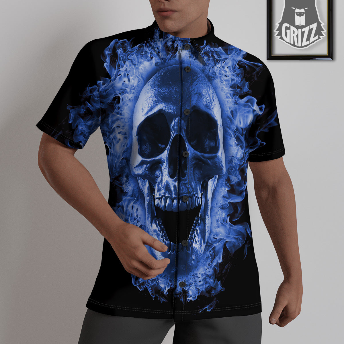 Blue Flaming Skull Print Untucked Shirts-grizzshop