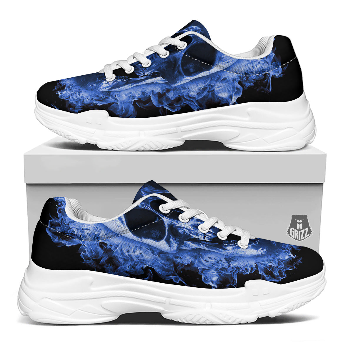 Blue Flaming Skull Print White Chunky Shoes-grizzshop