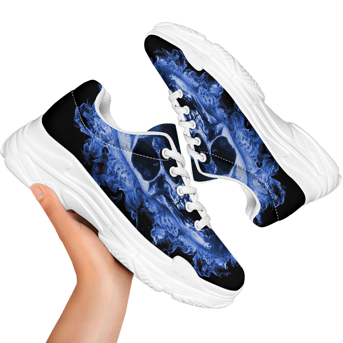 Blue Flaming Skull Print White Chunky Shoes-grizzshop