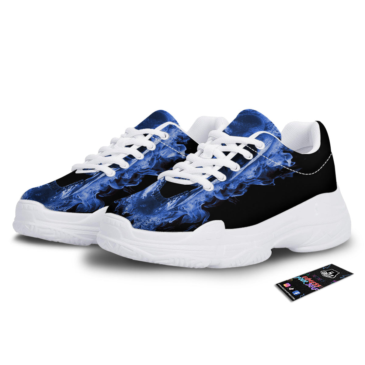 Blue Flaming Skull Print White Chunky Shoes-grizzshop