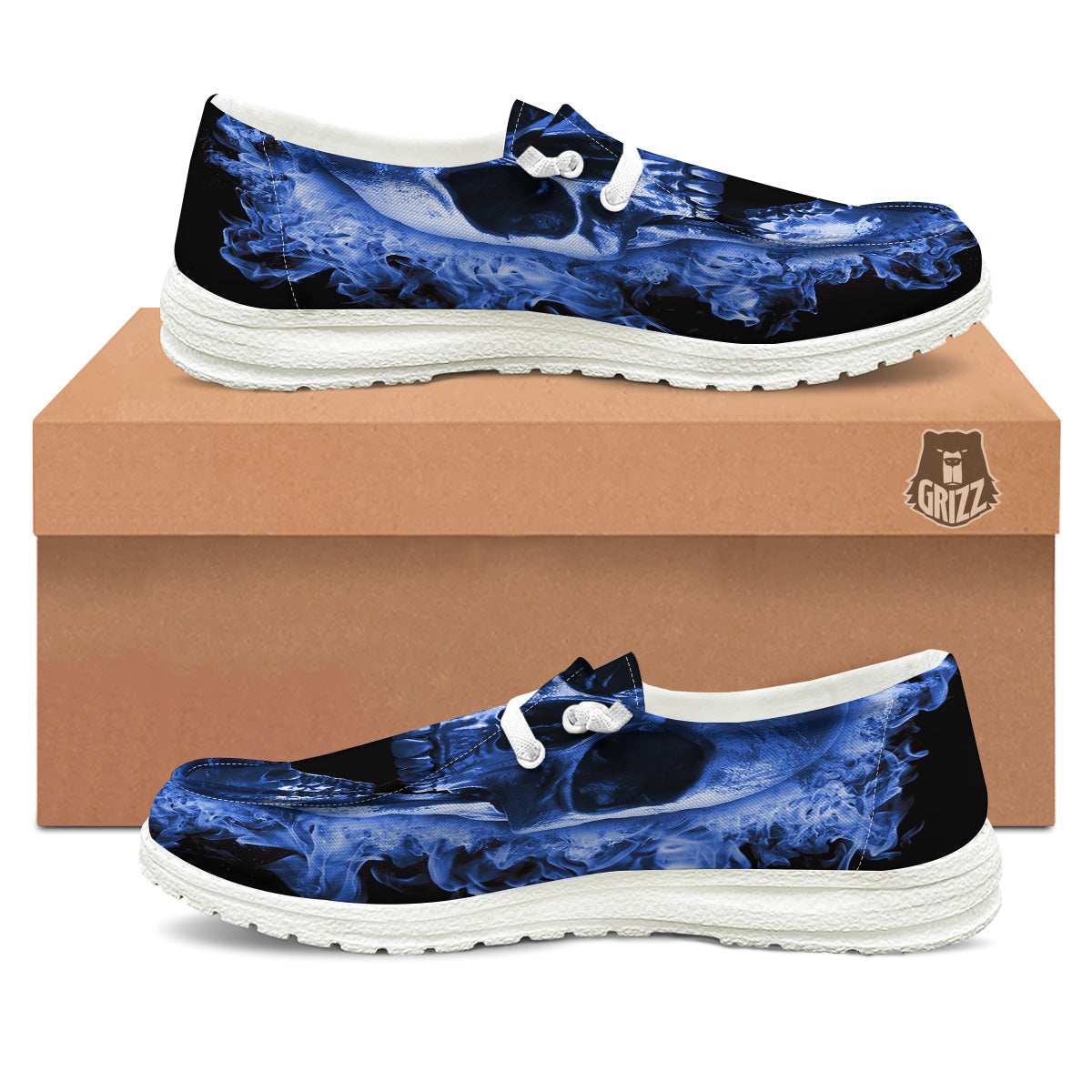 Blue Flaming Skull Print White Loafers-grizzshop