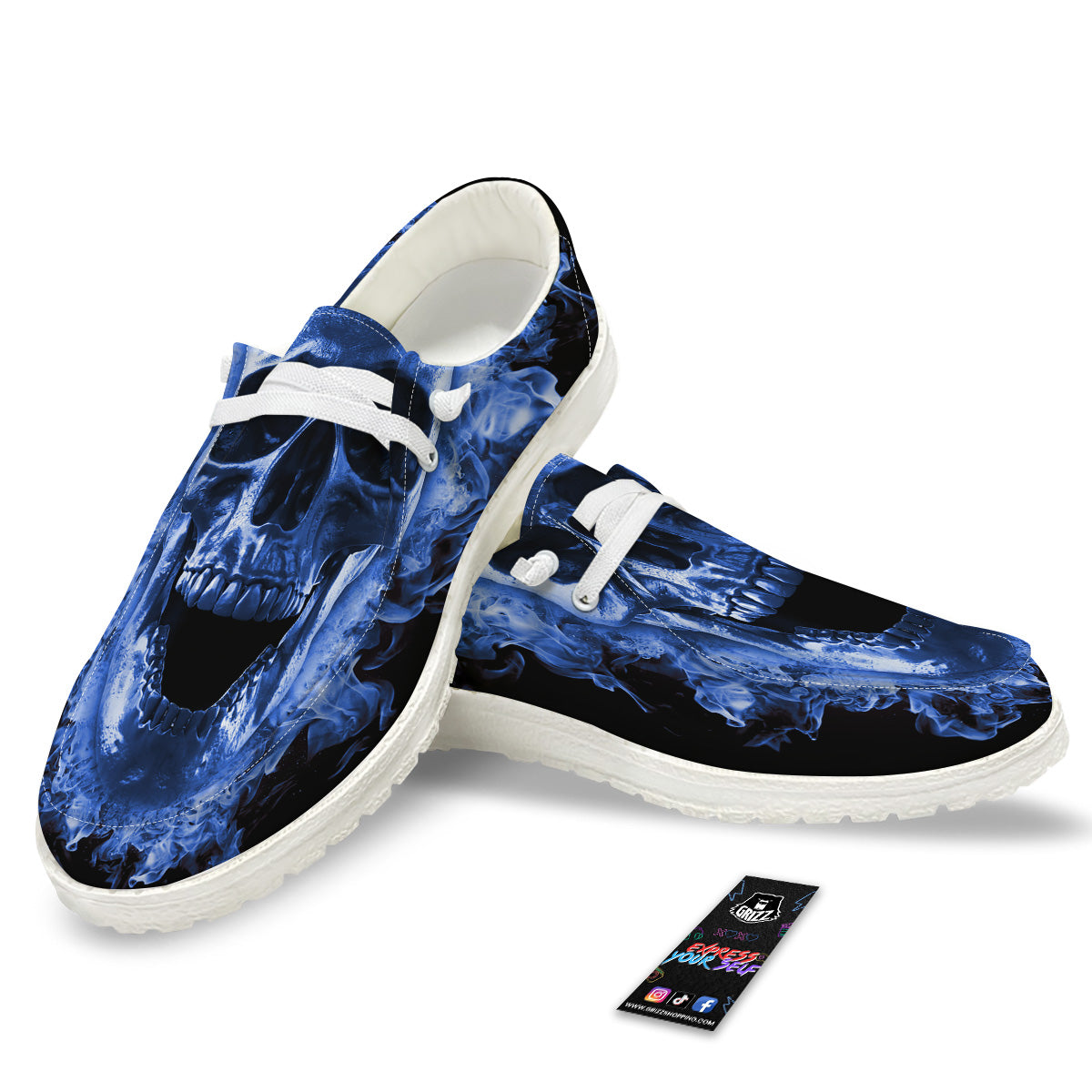 Blue Flaming Skull Print White Loafers-grizzshop