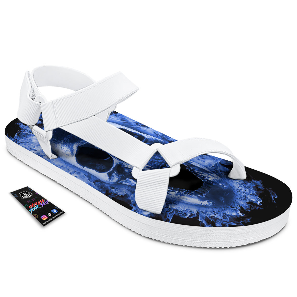Blue Flaming Skull Print White Open Toe Sandals-grizzshop