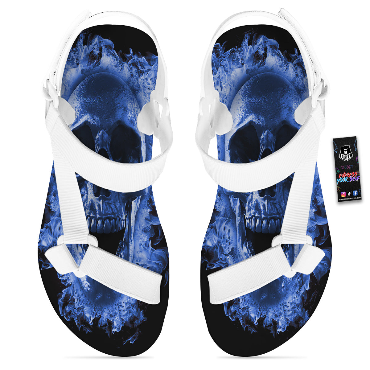 Blue Flaming Skull Print White Open Toe Sandals-grizzshop