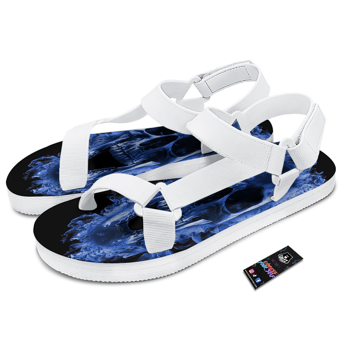 Blue Flaming Skull Print White Open Toe Sandals-grizzshop