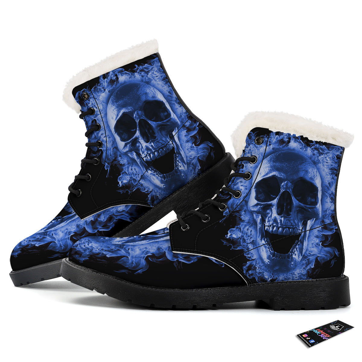 Blue Flaming Skull Print Winter Boots-grizzshop