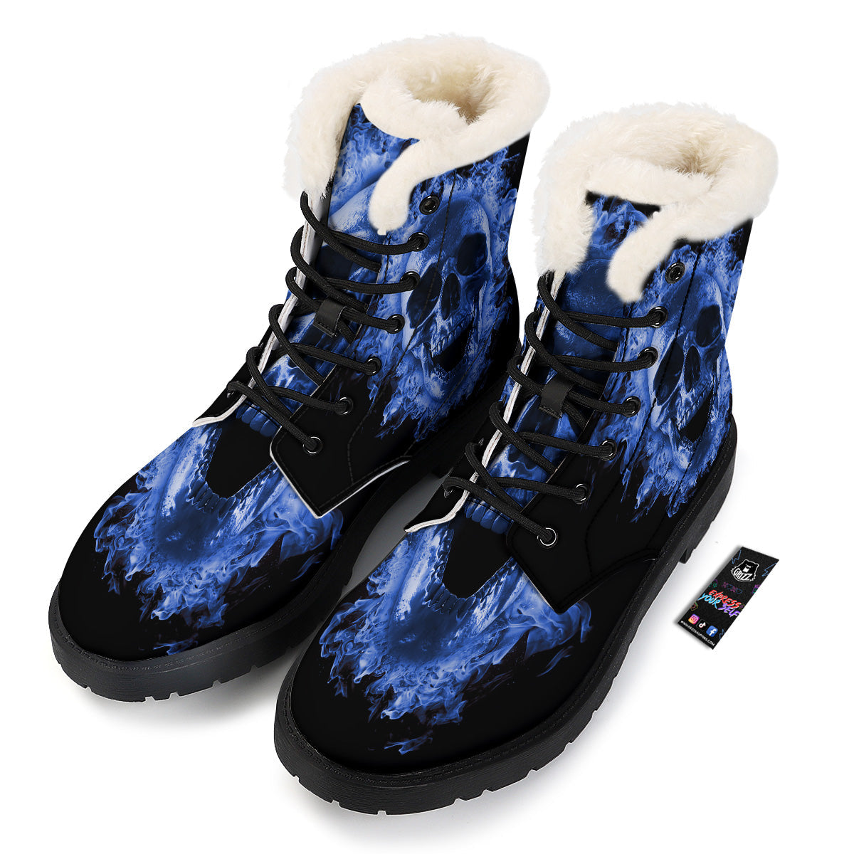 Blue Flaming Skull Print Winter Boots-grizzshop