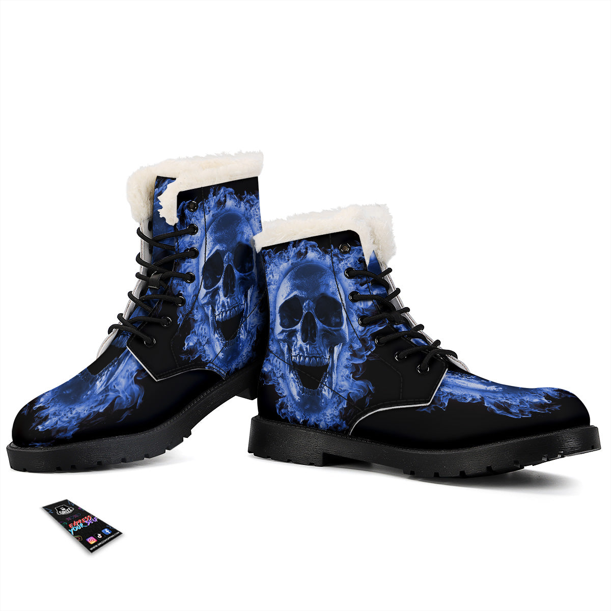 Blue Flaming Skull Print Winter Boots-grizzshop