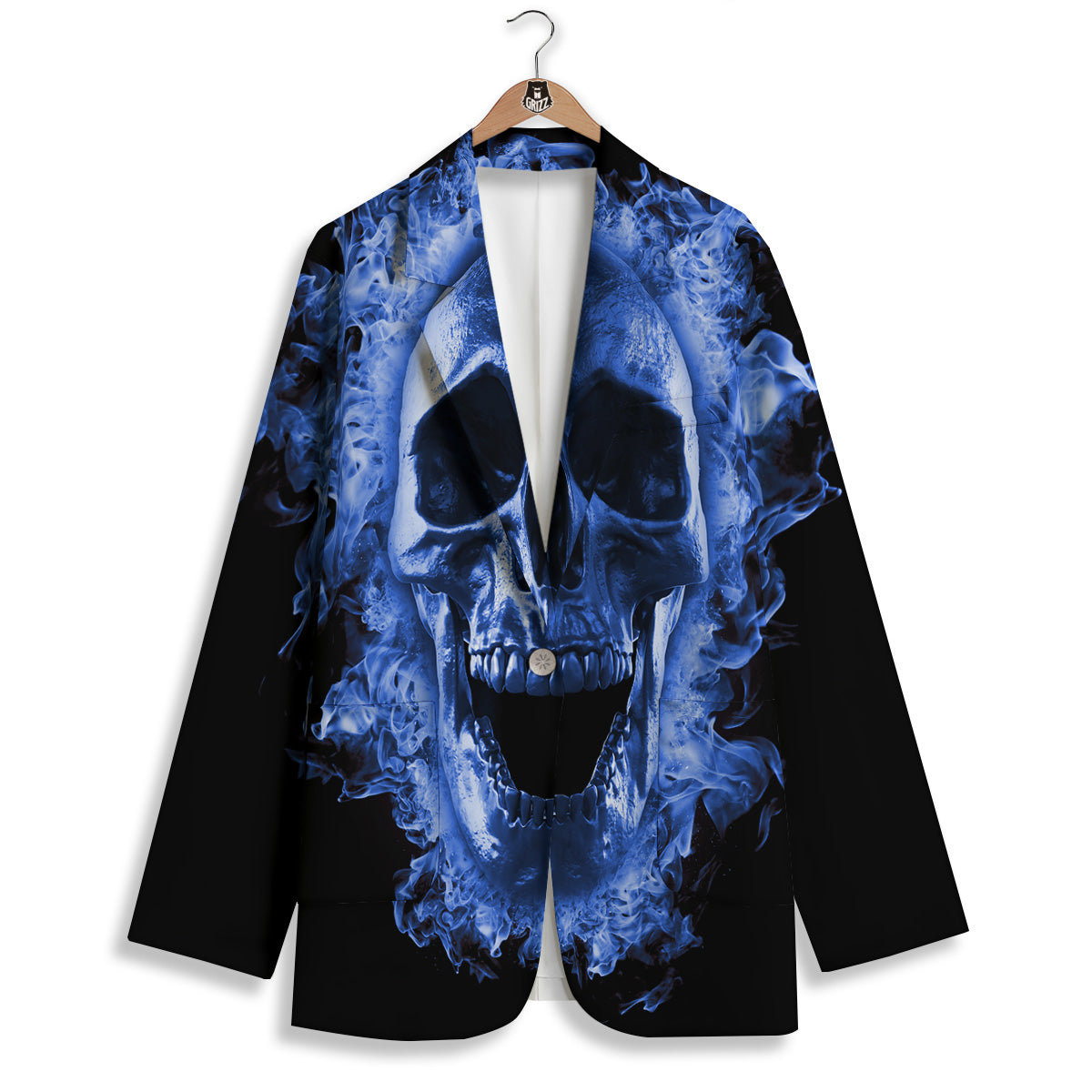 Blue Flaming Skull Print Women's Blazer-grizzshop