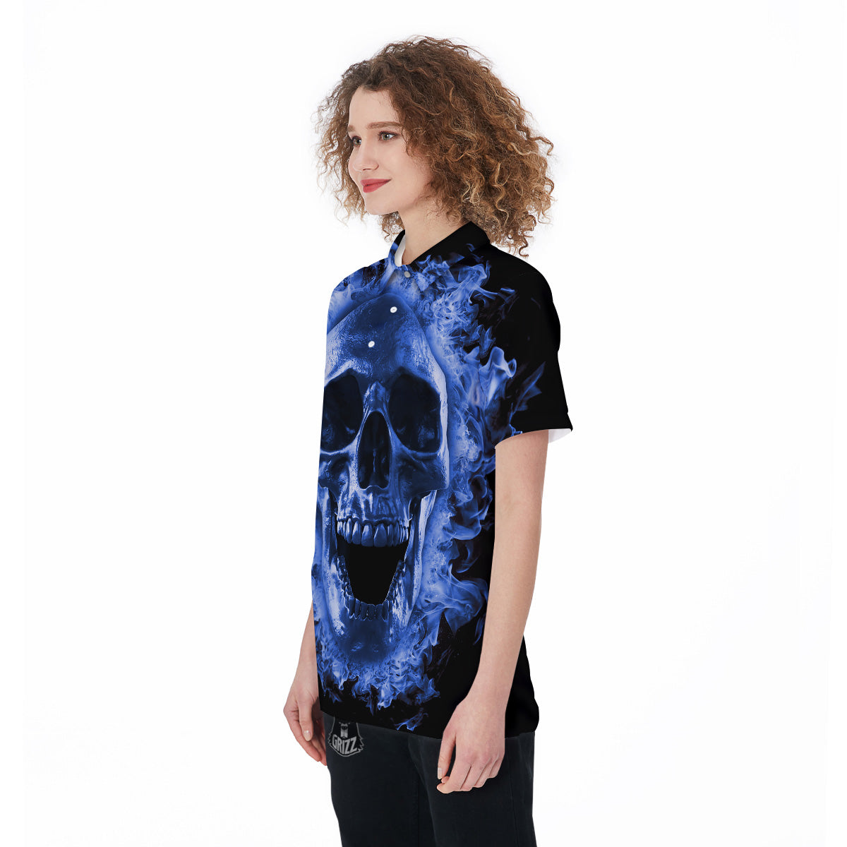 Blue Flaming Skull Print Women's Golf Shirts-grizzshop