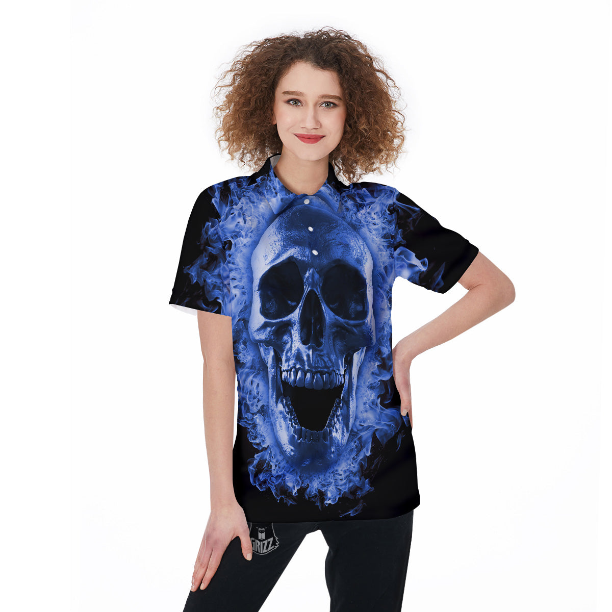 Blue Flaming Skull Print Women's Golf Shirts-grizzshop