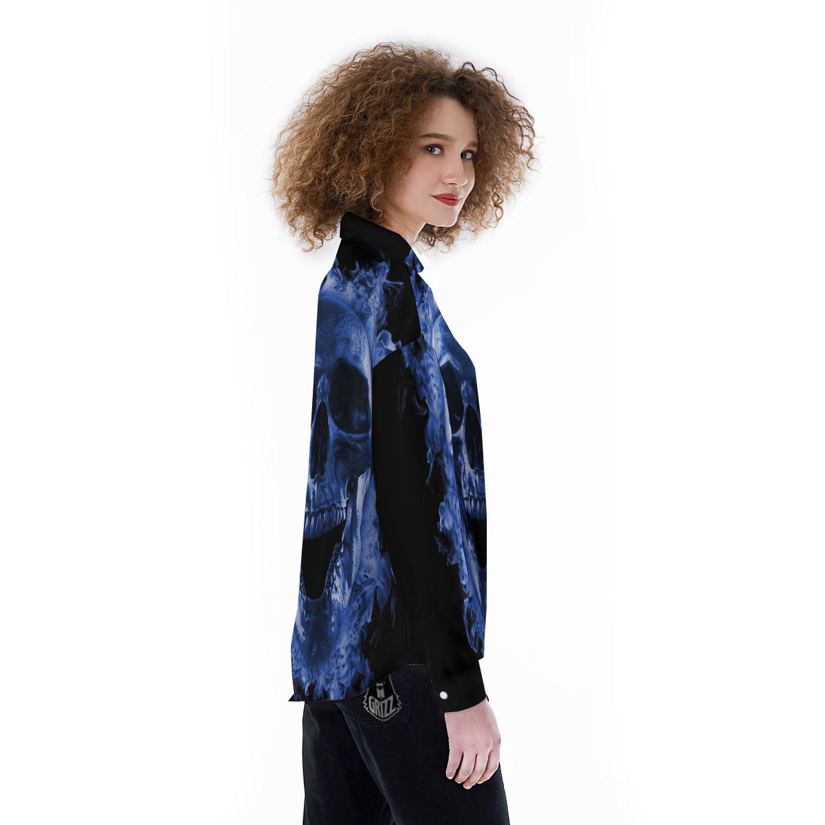 Blue Flaming Skull Print Women's Long Sleeve Shirts-grizzshop