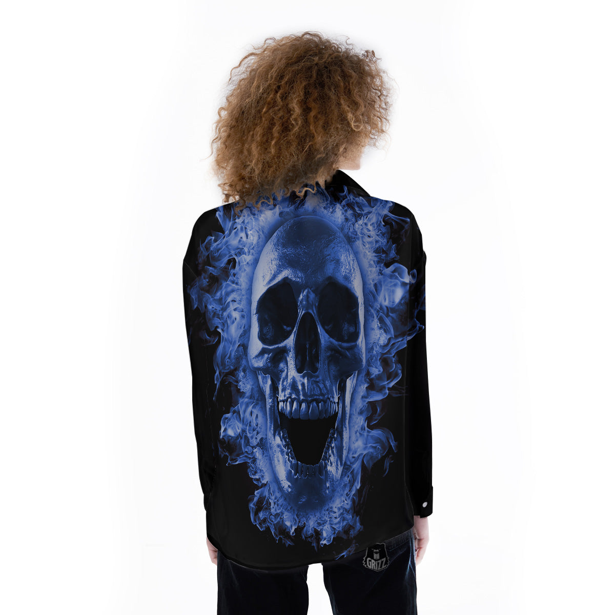 Blue Flaming Skull Print Women's Long Sleeve Shirts-grizzshop