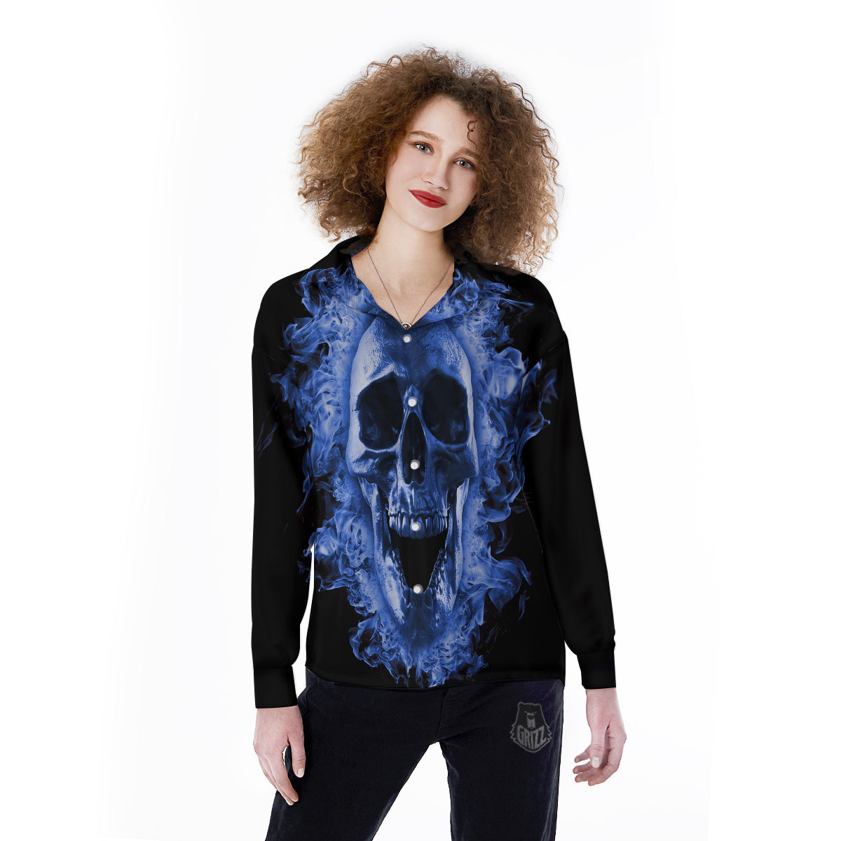 Blue Flaming Skull Print Women's Long Sleeve Shirts-grizzshop